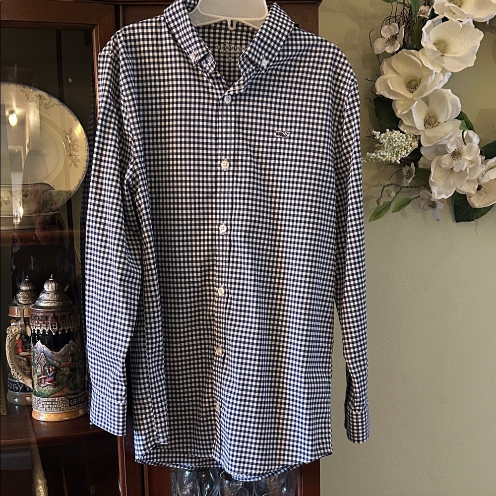 Boys Navy and White Gingham Button-Down Shirt. Medium 12-14